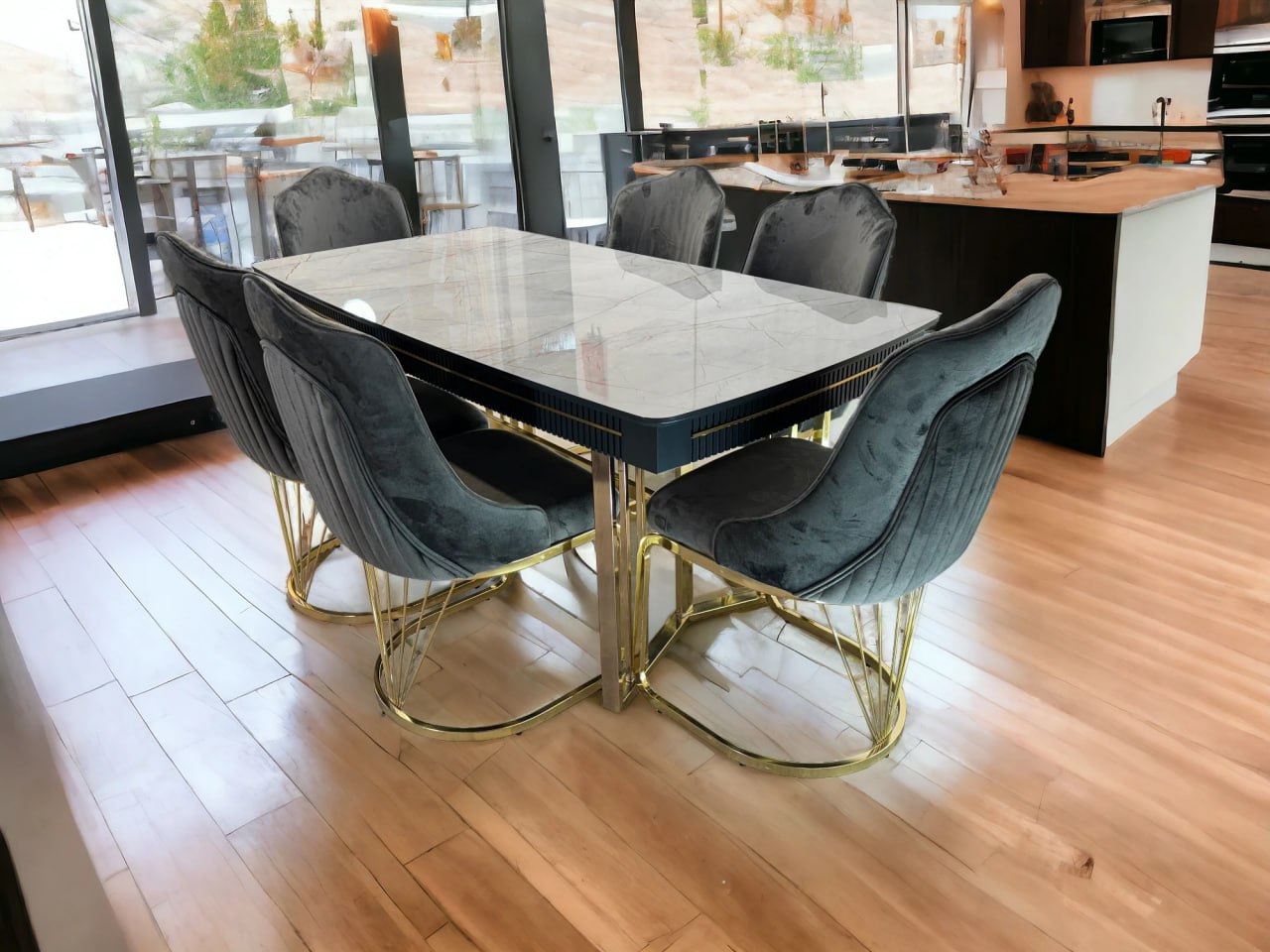  KING DINING SET in a sleek green color, this elegant dining table with chairs is the perfect addition to any modern home. Featuring a luxurious marble top, this set exudes sophistication and style, making it a focal point in your dining area.